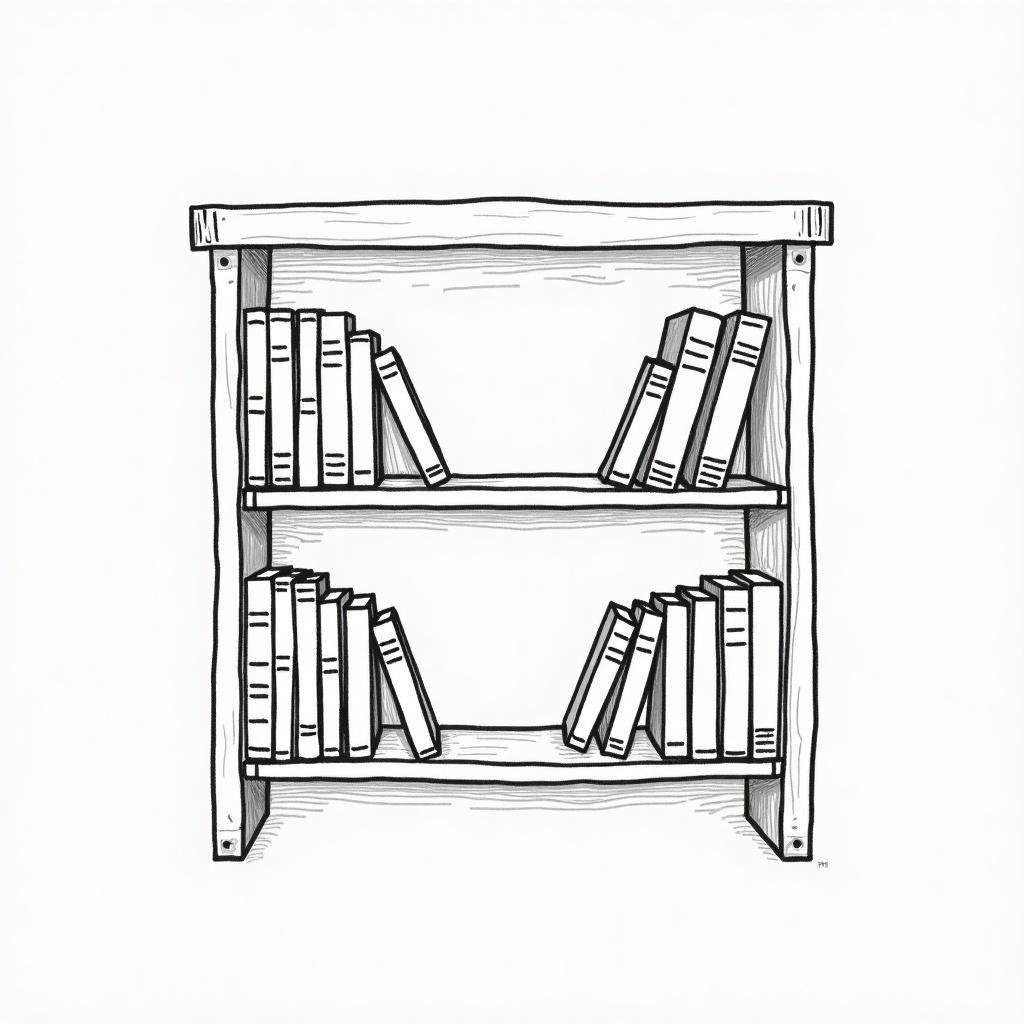 Simple drawing of a bookshelf displaying nine books neatly arranged. The design features two shelves. Books have visible spines. Illustration style is minimalist and monochrome.