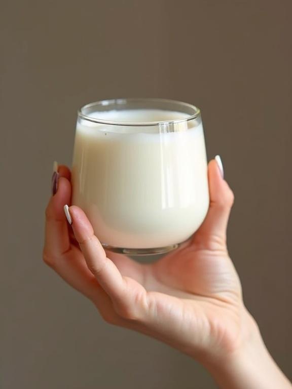 A woman grips a glass filled with thick white cream. The cream appears smooth and rich. The background is simple and neutral. The focus is on the glass and the hand, with a soft light illuminating the subject.