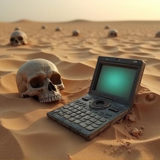 Surreal landscape of a desert with broken technology partially buried in sand. Human skulls form in the sand from above. A laptop rests beside a skull. An ambient glow fills the scene.