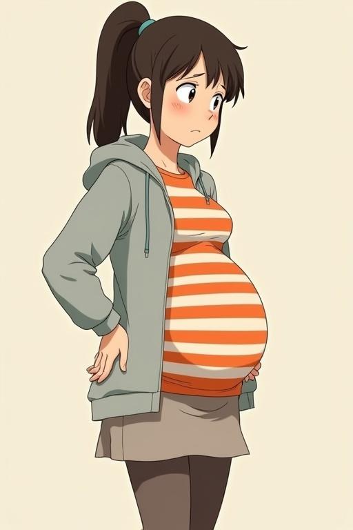 Anime-style illustration of a pregnant character inspired by Juno movie poster. Brunette with a ponytail. Wearing a gray hoodie and orange and white striped t-shirt. Light brownish gray mini-skirt and leggings. Hands on back due to pain. Art-style influenced by Studio Ghibli.