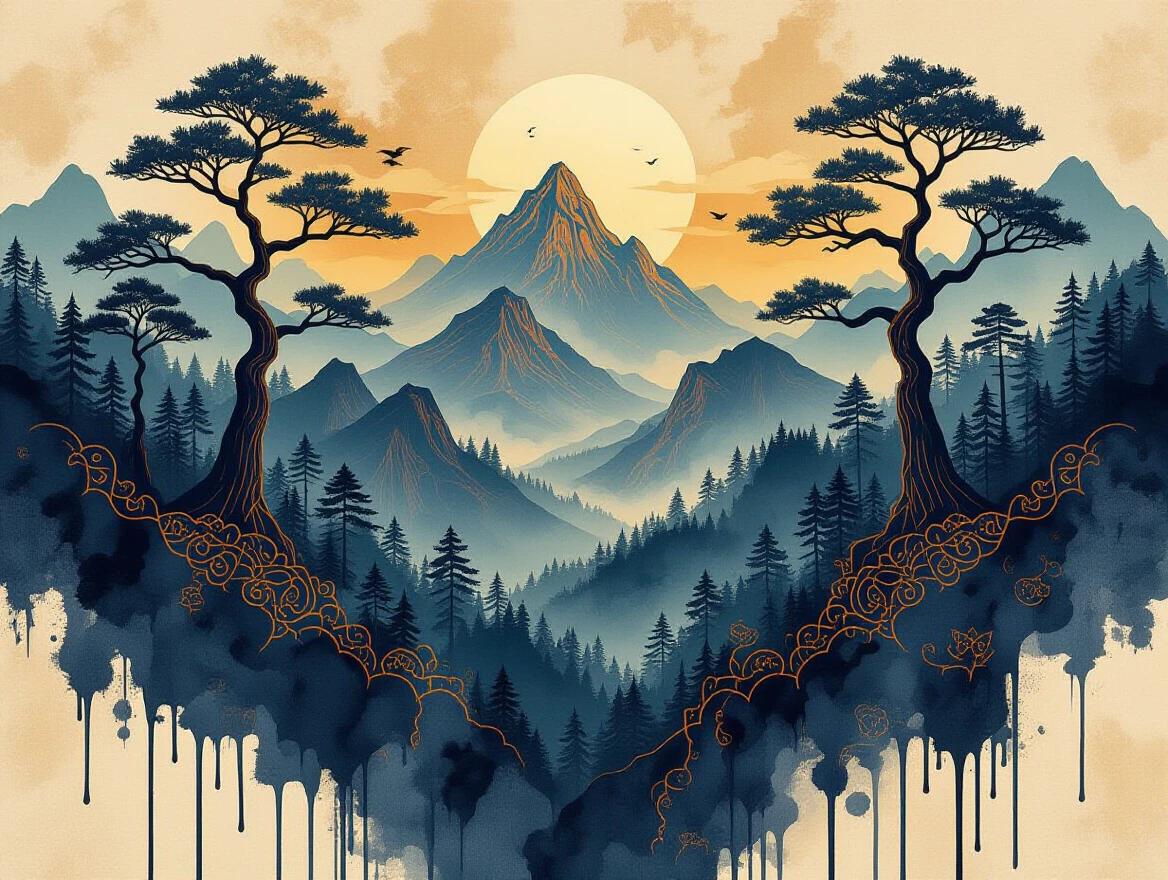 Ornate Batik designs create an otherworldly forest landscape. Trees and mountains blend seamlessly. Inky black drips flow from the horizon. Traditional Indonesian art combines with dark surrealism. High-resolution texture is emphasized. Shadows are dramatic against a textured canvas.