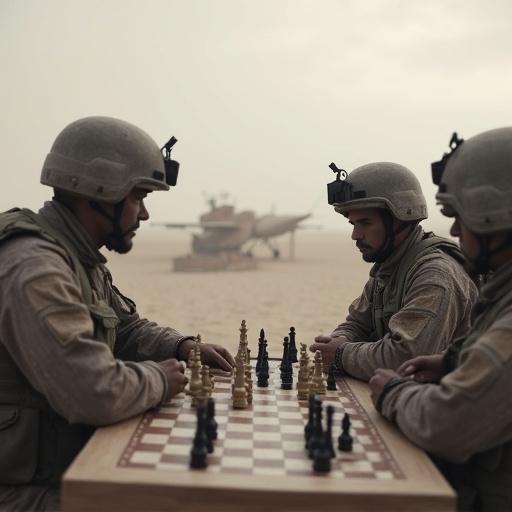 Soldiers playing chess on a sand table. Bullet casings scattered near the chessboard. Desert outpost in the background. Sandstorm creating a monochrome atmosphere. Chess pieces arranged on a strategic layout.