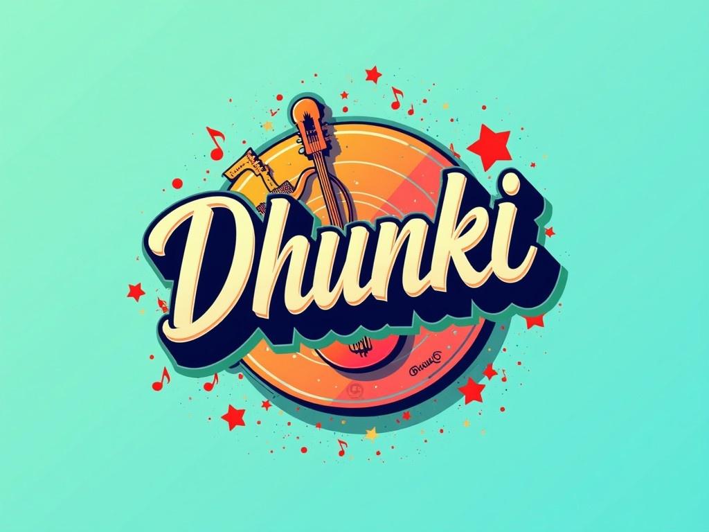 This image features a vibrant and colorful logo for a music label called 'Dhunki'. The name is prominently displayed in a playful font. Surrounding the text are musical notes, stars, and images of traditional instruments that create a lively atmosphere. The background is a soft teal gradient that complements the warm colors in the logo. Overall, the design communicates a sense of fun and celebration, fitting for a music label.