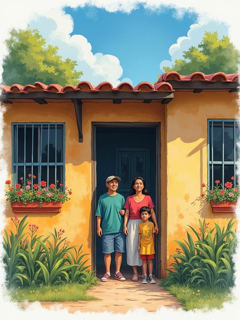 Vertical image of a modest Colombian house. Family standing at the door looks concerned. Flowers in window boxes. Watercolor style. Parents and teenage son present. Emphasis on family and cultural representation.