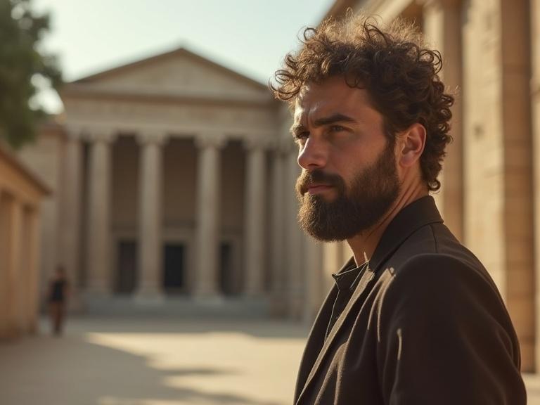 A man with curly hair and a beard looks thoughtful in front of a Greek-style palace. The scene has a cinematic atmosphere with warm lighting.