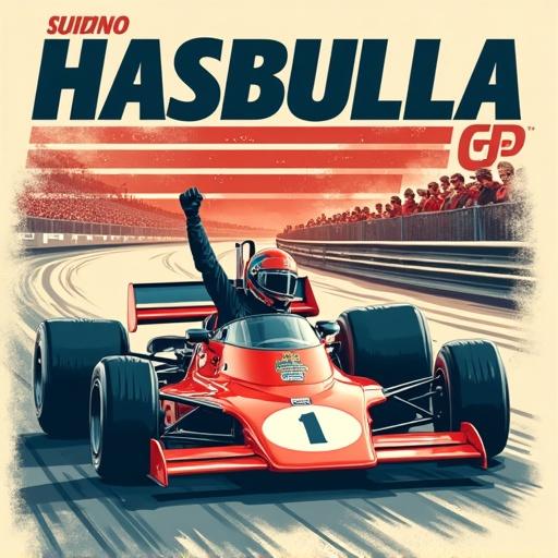Design for a vintage-style t-shirt, retro 70s-80s classic Formula 1 poster. Hasbulla appears as a victorious F1 driver in an old-school racing suit, raising one hand from a classic race car. The car features a retro aesthetic with curves and vibrant colors like red, white, or navy blue, with the number #1 displayed prominently. A blurred crowd and checkered flags in the background. Bold retro typography reading 'HASBULLA GP' as if celebrating a legendary F1 event. Lightly faded colors, silkscreen style. Suitable for printing on light or cream t-shirts, with a nostalgic and fun vibe.