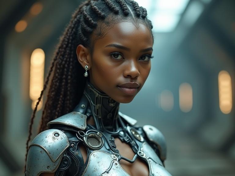 Portrait of a character with cybernetic features. Features include metal parts integrated with human form. Focus on facial details and upper body enhancements. Expression shows pride and self-acceptance. Set in a high-tech or futuristic area with atmospheric lighting and detailed textures.