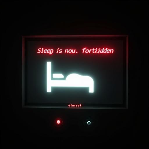 A broadcast screen showing a bedroom symbol. The text says sleep is now forbidden. The style is eerie and minimal. The background is black.
