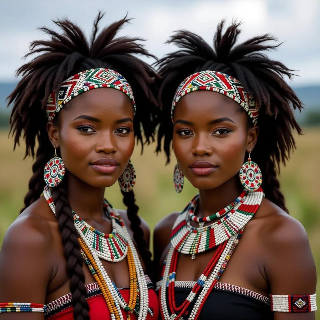 Portrait of two Zulu females in traditional attire. They wear colorful bead jewelry. Natural landscape in the background. Focus on their elegant presentation and cultural identity.