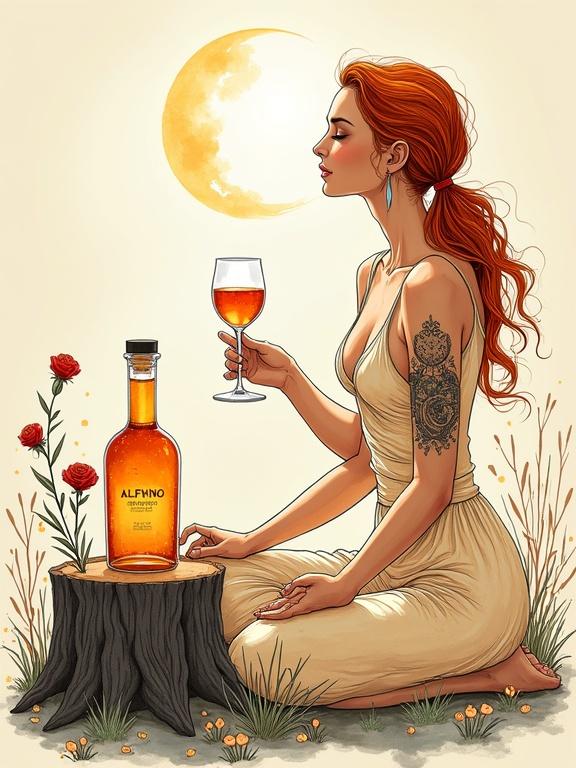 Illustration features a modern goddess with flowing golden-reddish hair. Woman meditating in forest, holding cocktail glass, toasting with joyful expression. Beside her is a tree stump with a bottle labeled 'ALFRUNO' glowing softly. Natural accents include roses and rosemary. Lynx watches from nearby. Bold outlines set against a beige background, emphasizing simplicity and elegance.
