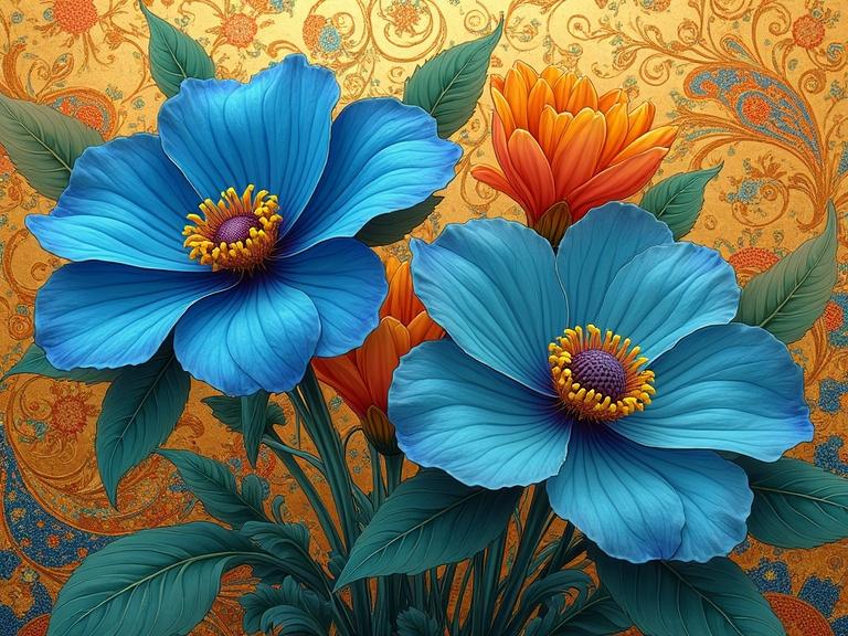Bouquet of vibrant blue flowers mixed with coral orange flowers . Colors range from deep indigo to light teal. Yellow stamen in centers. Background has contrasting decorative patterns of gold and orange. Detailed green and gold leaves extend from blooms. High resolution with intricate details.