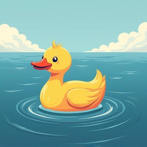 Rubber duck floating on the sea Cartoon style Colorful bright sunny sky with clouds