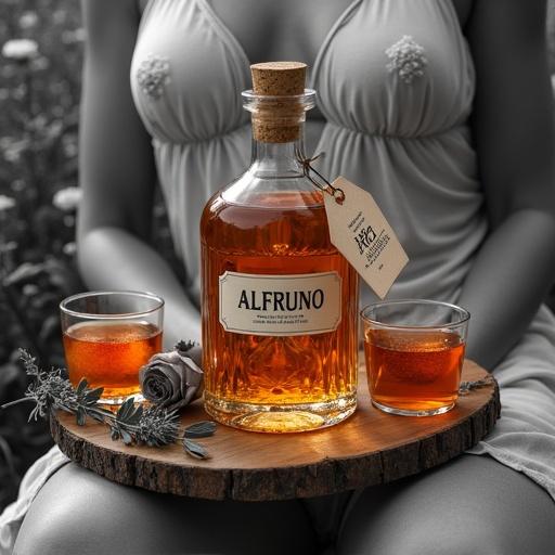 Art piece showcasing bright golden-reddish color pop against a monochrome background. Close up of apothecary-style bottle labeled 'ALFRUNO' on wooden plate. Beautiful Venus figure in mid-thirties reclining in flower field. Sparse translucent silk wrap highlighting curves and golden reddish lips. Shimmering contents in bottle. Cork lid on top. Elegant hang tag with name. Flanking glasses filled with same liquid. Surrounding roses and green herbs. Rough sketch style with high contrast and perfect composition.