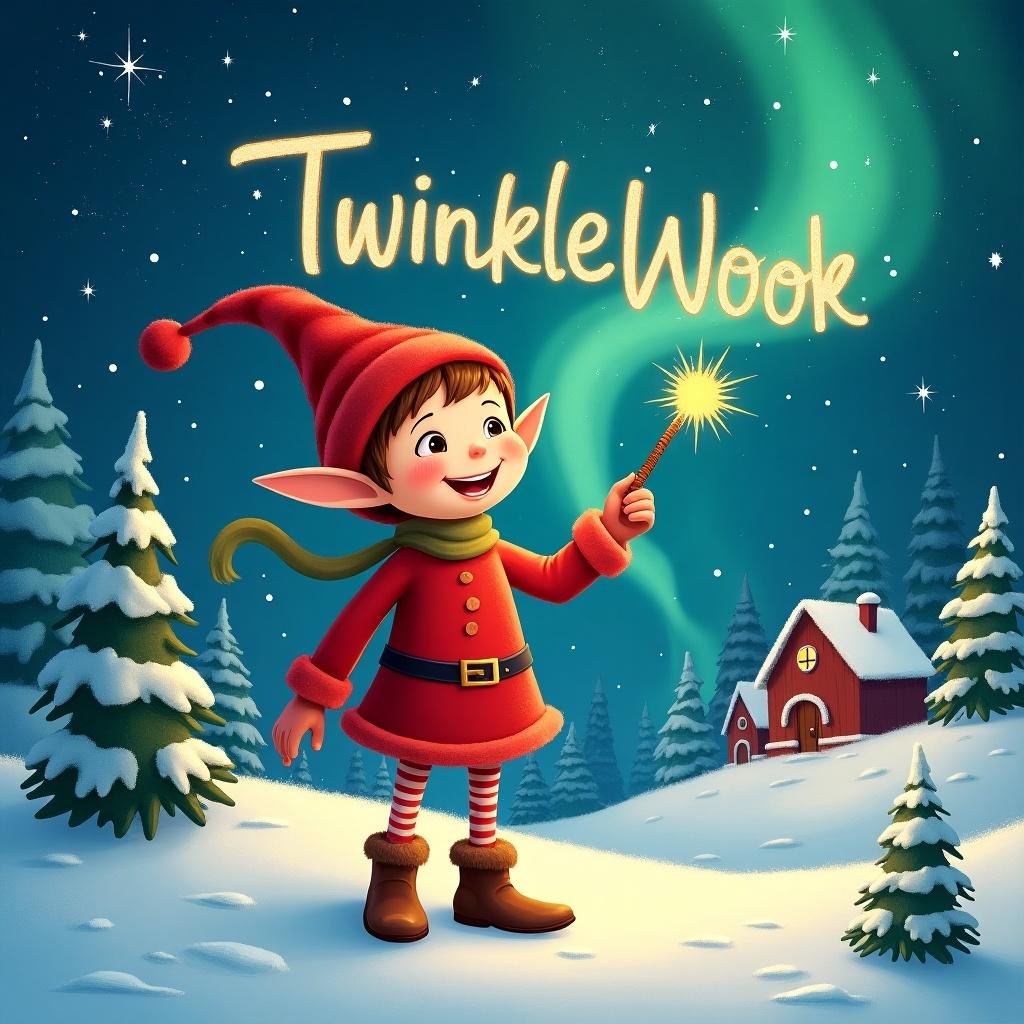 Elf dressed in red outfit holds a wand. Sparks light up the sky. TwinkleWook written in the stars. Snowy landscape with charming houses and evergreen trees. Shimmering Northern Lights in the background.