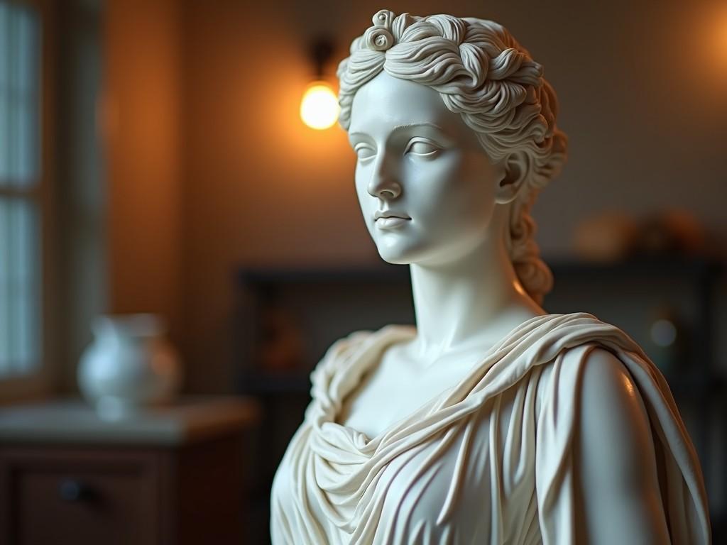 The image features a detailed statue, possibly depicting a goddess, sculpted in a manner reminiscent of classical art. Soft warm lighting bathes the figure, highlighting the intricate details of the face and drapery. The background is softly blurred, focusing attention on the statue. The color palette is soothing, dominated by ivory and soft beige tones. This serene representation captures the essence of beauty and grace inherent in classical sculptures.