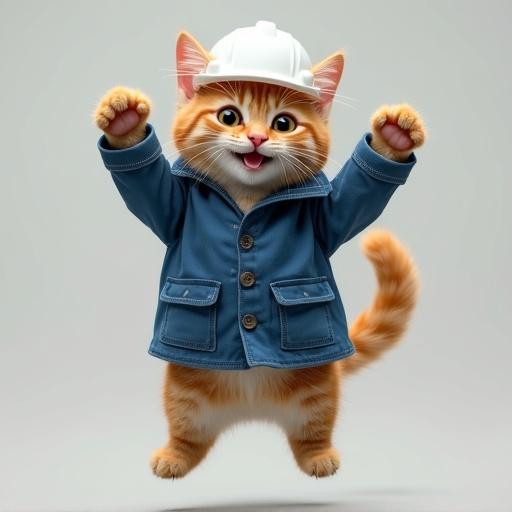 A semi-realistic cat wearing a white hard hat and blue work jacket has a happy expression while jumping up in joy with a curved tail and looking up at the viewer. The angle is dynamic.