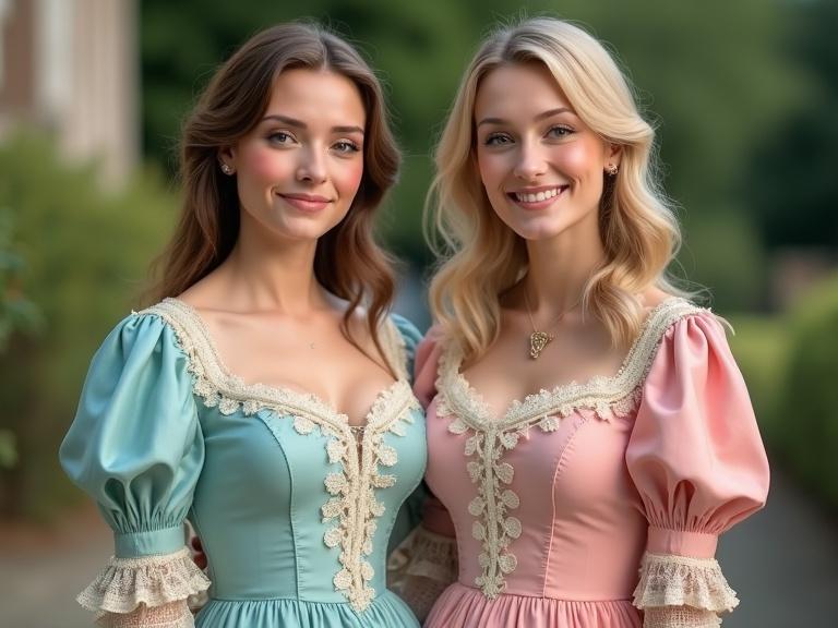 Photorealistic portrait of two women dressed in historical-style dresses. One wears a light teal-blue dress with off-white lace trim. The other has a rose-colored gown with similar details. They face the viewer with gentle smiles. Lush greens and soft architecture form the background. Natural lighting creates a serene mood. Classic and timeless style reminiscent of 19th-century portraiture.