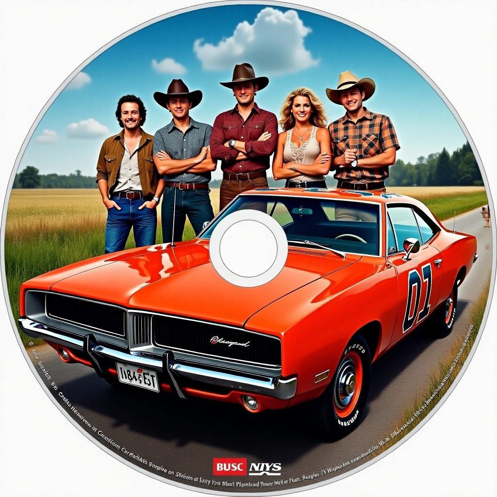 Create a blu-ray disc design featuring characters from The Dukes of Hazzard TV series standing next to a classic Dodge Charger. Include a vibrant countryside background with open fields.