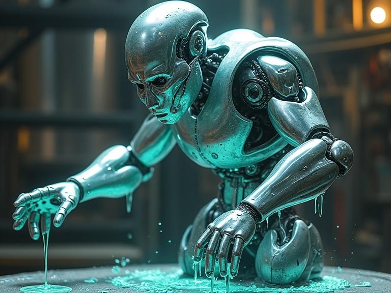 A bio-printer foundry scene featuring advanced organic machines. Robotic figures extruding chrome muscles. Fluid dripping from unfinished androids. Crane arms hold glowing fluid tubes.