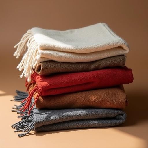 Five scarves stacked in sequence. Colors include beige, brown, red, gray, and brown. Fine tassels hang from edges. Brown tone background with slanting light. Gradient light and shadow visible. Clear fabric texture. Simple style enhances colors and contrast.