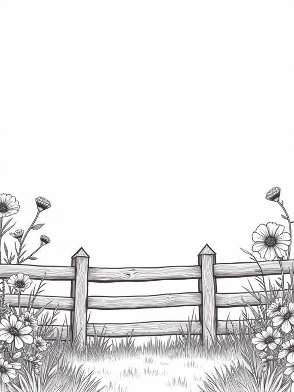 Line art-style illustration featuring wooden fence adorned with various flowers and greenery. The scene depicts a field atmosphere with focus on the fence, flowers, and foliage.