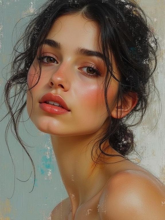 Impressionist double exposure painting featuring a woman with delicate features. Textured brushstrokes create a close-up representation. Style influenced by Berthe Morisot, Louis Royo, Pino Daeni, and Michael Garmash.