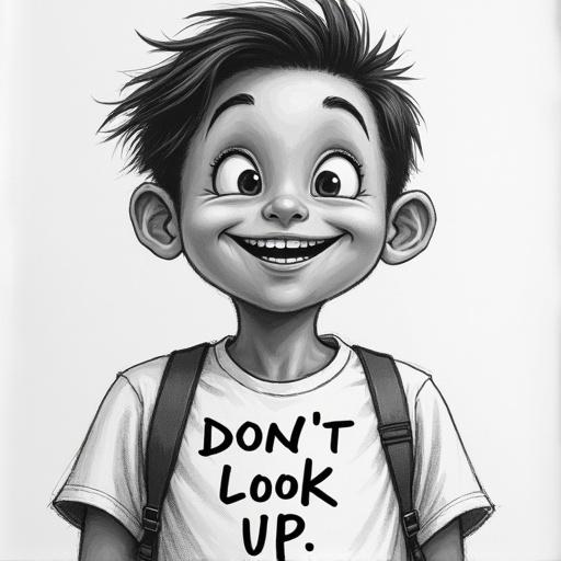 Illustration of a boy with a shocking smile wearing a t-shirt. The t-shirt has the text 'Don't Look Up'. The illustration shows a realistic style, melancholic tone, and low contrast.