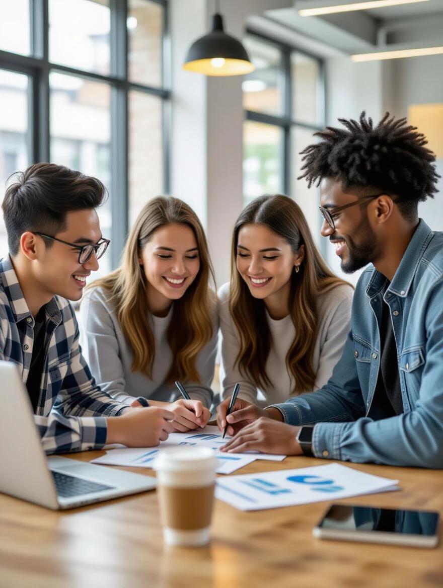 Four university students collaborating on a group project around a laptop. Engaged discussions and idea sharing. Coffee cups and notebooks present. Modern urban setting. Natural lighting highlights realistic expressions. Mid-range shot captures teamwork.