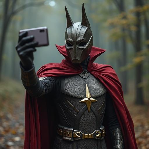 Sauron character standing in a misty forest holding a phone. Character wears a dark costume with a hood and mask. Background shows blurred trees and fallen leaves.