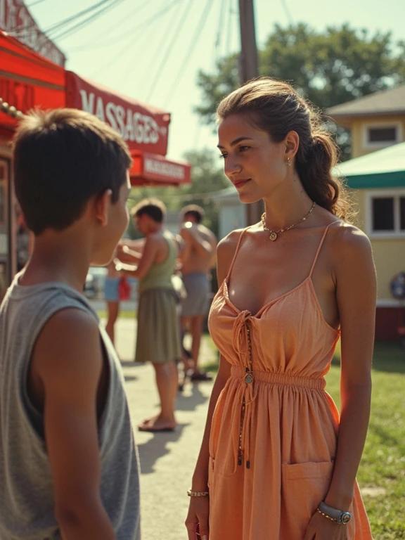 A woman wearing a peach sundress converses with two boys near a massage stand. The scene is set on a bright summer day with colorful decorations in the background. The market atmosphere is lively with people around. Focus is on the woman and her conversation with the boys.