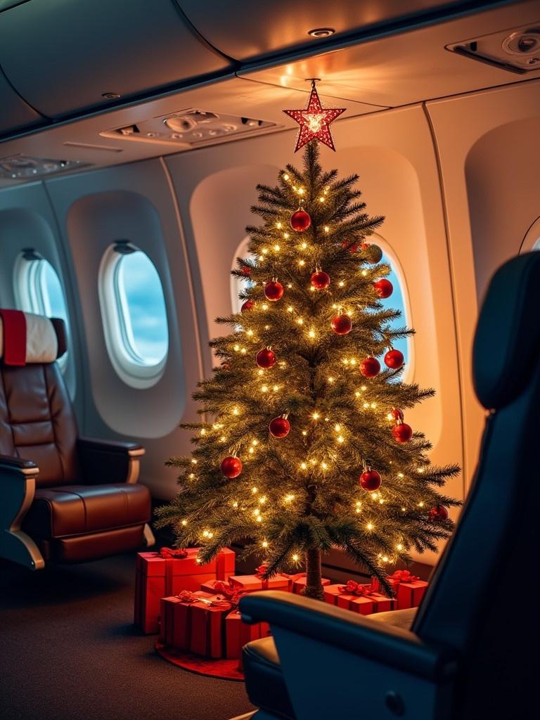 Christmas tree decorated with lights inside an airplane cabin with gifts underneath. Airplane seats visible. Cozy holiday atmosphere.