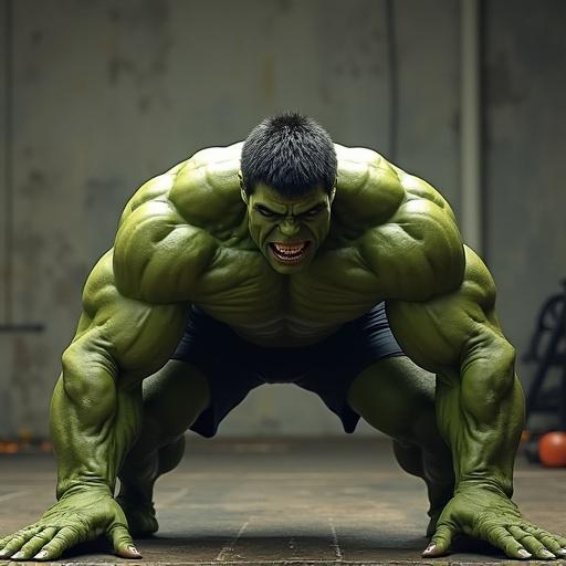 A realistic depiction of the Hulk engaging in Pilates exercises. The character is shown flexing muscles and demonstrating strength. Background setting is a gym environment.