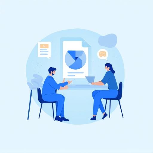 Professional representation of the glossary concept and methodology in a meeting. Discussing with charts on the table. Dominant blue colors with shapes and icons.