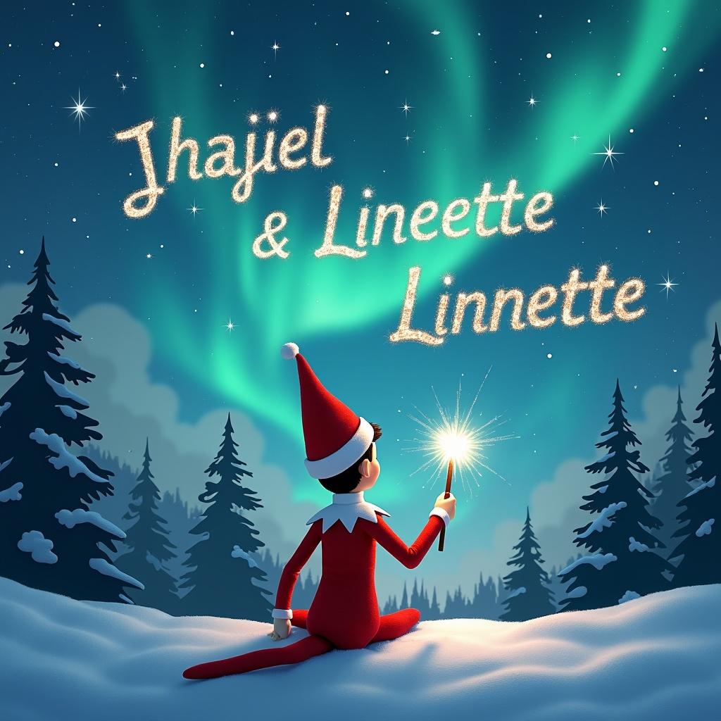 The image features an elf on the shelf sitting in a winter wonderland. The elf is facing a stunning sky illuminated by northern lights. It is using a magical wand to spell out names in a sparkling light. Snow blankets the ground and evergreen trees are seen in the background, enhancing the festive scene. The overall atmosphere is whimsical and captures the magic of Christmas festivities.