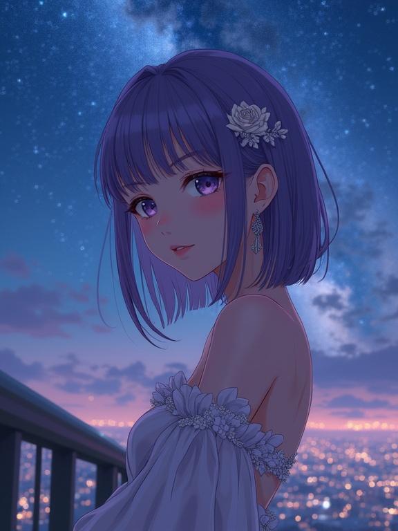 A character with straight violet hair and matching eyes. She wears a shiny brown evening dress. White floral embroidery and off-shoulder sleeves are noticeable. A delicate white rose hairpin adorns her hair. She leans against a scenic railing at night. A vivid Milky Way is visible in the sky. City lights twinkle below. Ambient lighting creates a romantic atmosphere. The style is ultra-detailed and in 4K resolution.