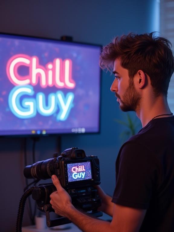 Young man influencer holding camera in front of a screen displaying CHILLGUY logo. Overlay text reads 'The biggest meme of our lives.' Dynamic vlog style.