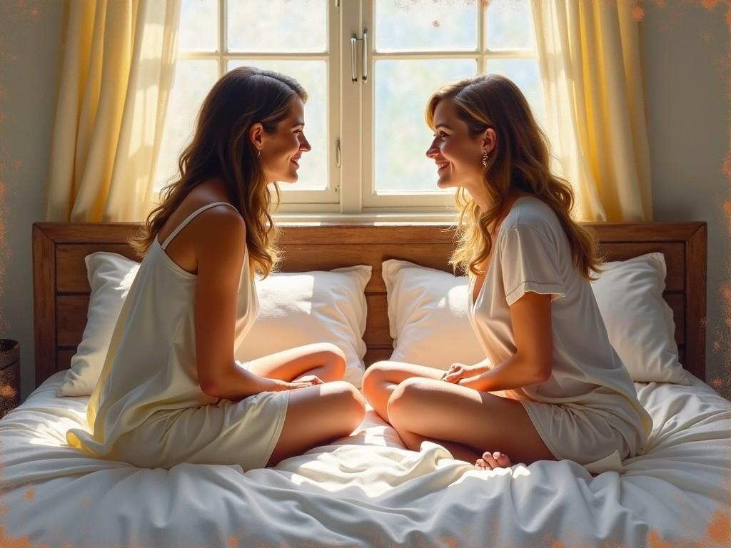 This image features two women seated on a bed, facing each other with smiles in a warmly lit room. The soft, golden hue of sunlight filters through a window, casting gentle shadows and illuminating their expressions. The harmonious, intimate setting suggests a moment of shared happiness and connection.