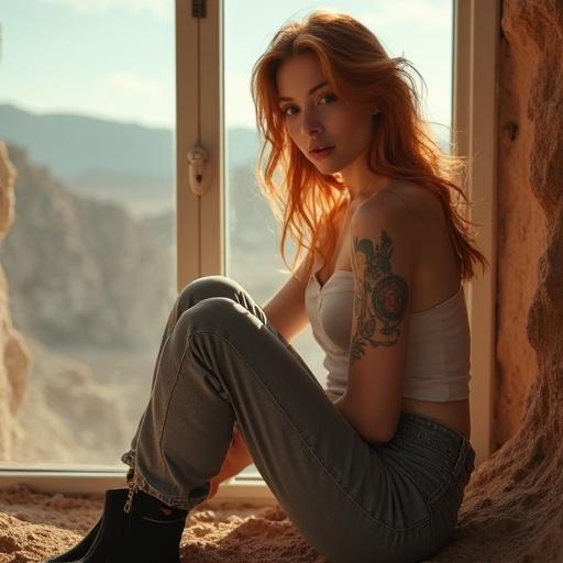 A woman with red hair stands by a window. She wears a sheer top and gray fitted pants. The background is a blurry natural landscape. She has tattoos and a confident expression. Soft light highlights her features.