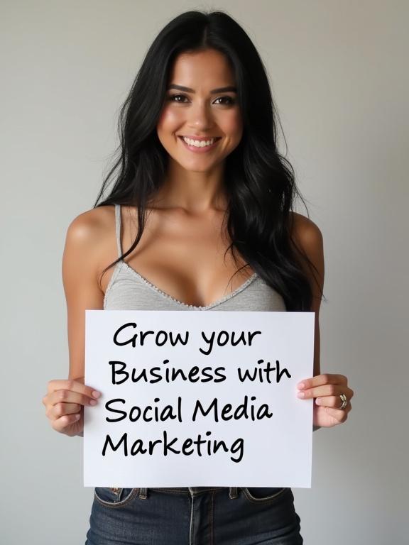 Young woman with black hair holds sign stating Grow your Business with Social Media Marketing. She has a fit physique, dressed casually, smiling at the camera. The background is neutral to keep the focus.