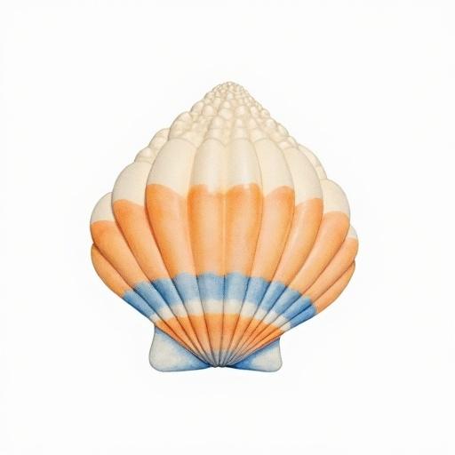 Watercolor painting features a cream-colored shell with orange and blue stripes. Background is blank and centered. The shell is detailed and presented in pastel colors.