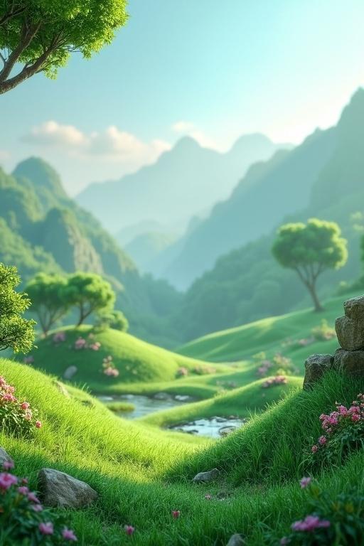 A 3D background featuring lush green grass with rolling hills and a serene stream surrounded by flowering plants and trees under a clear sky.