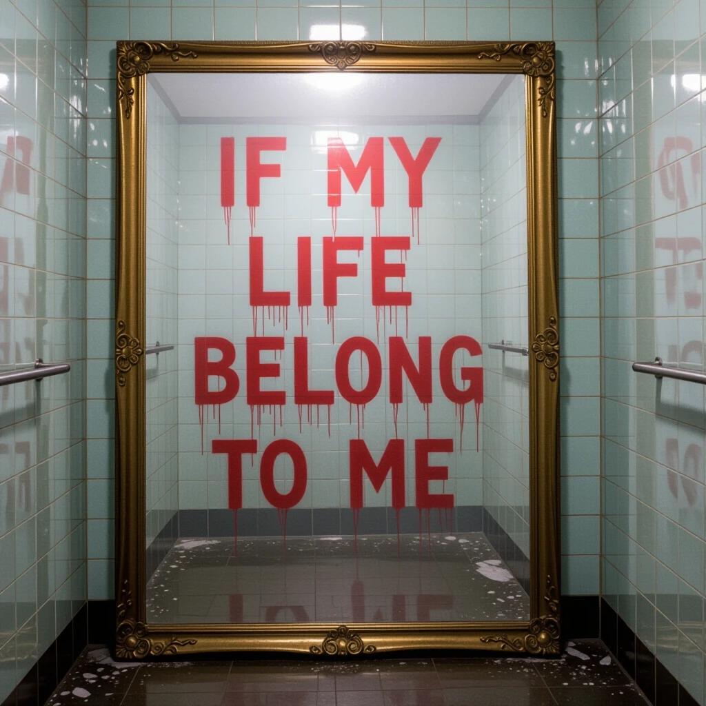 Foggy mirror with red lipstick writing If My Life Belong To Me. Scene is abandoned bathroom. Dirty tiles create horror film atmosphere.