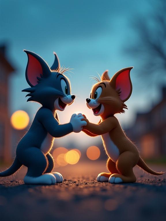 Realistic depiction of Tom and Jerry as good friends with high-fiving gesture. Ultra-detailed imagery with beautifully captured blue hour evening lights. Background shows blurred street scene with warm lighting. Characters display joy and camaraderie. Focused shot with depth and richness in details.