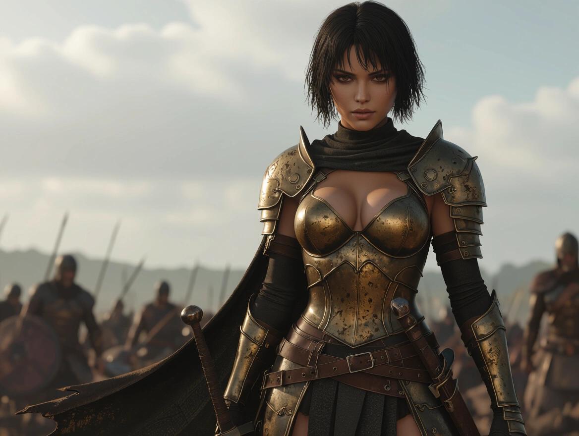 Hyper-realistic portrait of a dark-skin woman in battle armor. Armor features worn bronze and leather with feminine curves. She has short black hair and fierce eyes. Standing on a battlefield with cloudy sky. Holding a sword. Detailed armor with battle wear. Strong figure.