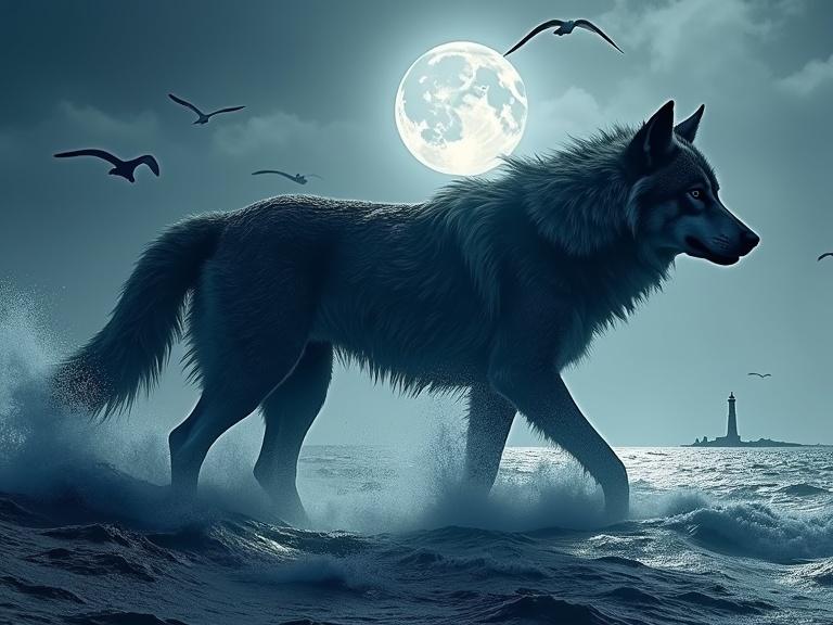 Double exposure art featuring a wolf formed from a stormy ocean. Waves resemble fur with white foam outlining contours. Lighthouse on the horizon. Small boats navigating the wolf's waves. Seagulls flying above. Full moon reflecting on water creating silvery light path.