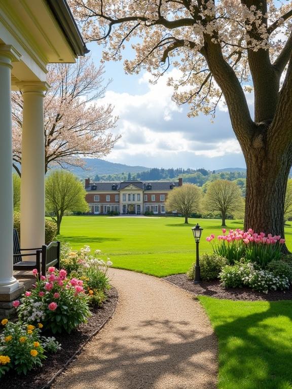 A tranquil outdoor scene on a bright day features a winding gravel path leading from the lower left to the center of the frame, flanked by vibrant flowerbeds and lush green grass. A stone border elevates a flowerbed overflowing with pink, yellow, and white blossoms. A dark wooden bench sits beneath the edge of a white-columned porch, partially visible. To the right, another flowerbed contains a mix of pink and white tulips. A traditional black outdoor lantern stands on a mulch bed at the edge of the grass. Mature trees with budding pink and white flowers create a canopy overhead. A gently sloping green lawn extends towards a distant tree line and rolling hills. A large, light-colored stone building is visible among the hills. The sky is partly cloudy with patches of blue.
