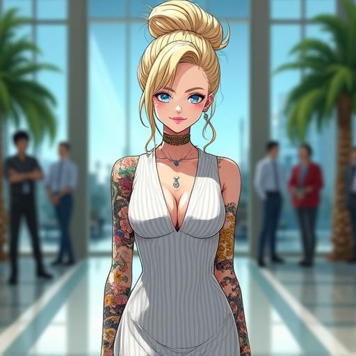 Anime illustration featuring a beautiful woman with oversized light blonde high bun. She has frosted blue eyes, colorful tattoos, and is wearing a pinstriped office dress. Setting is in a luxurious Kamakiri Industries building. Morning in Miami. Employees are bowing to her. She carries a fitted Louis Vuitton tote bag and wears reading glasses.