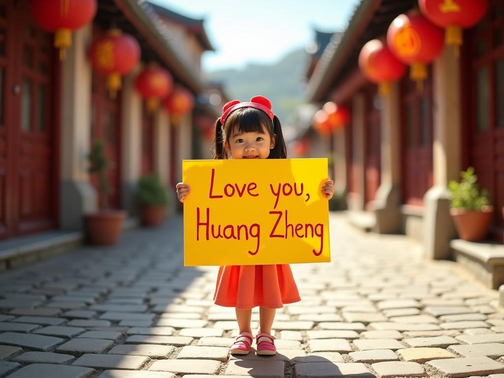 A young girl stands on a cobblestone path in a street adorned with red lanterns. She is wearing a vibrant red dress and holding a yellow sign with the words 'Love you, Huang Zheng.' The background is softly blurred, drawing focus to the girl's cheerful expression and the heartfelt message she holds.