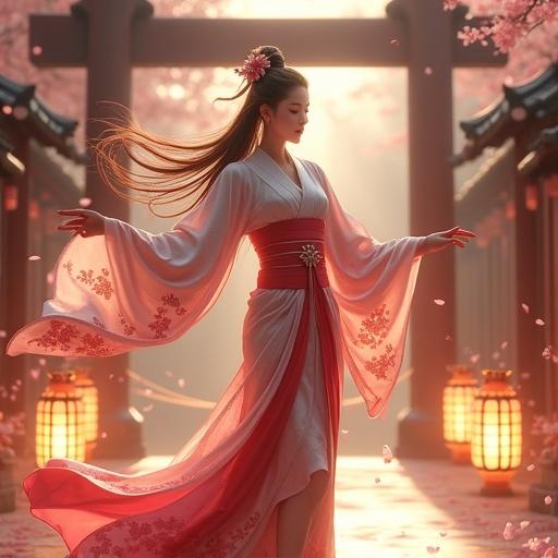 Divine goddess Ame-no-Uzume in traditional kimono performs dance. Radiant and graceful. Surrounded by glowing lanterns and cherry blossoms. Ethereal atmosphere with light rays. Highly detailed with serene expression and sacred shrine background.