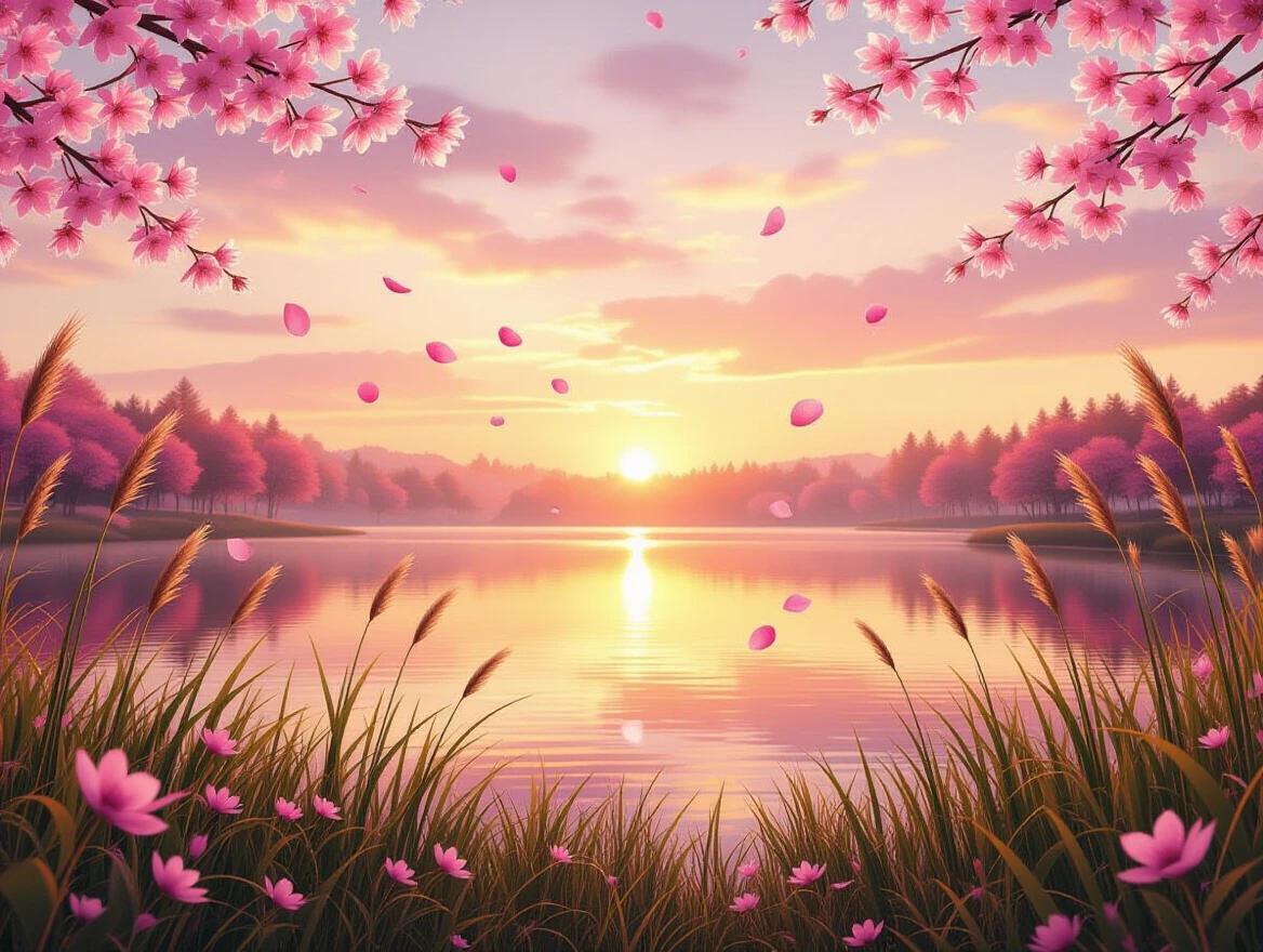 Soft dreamy sunset landscape with warm tones. Tall swaying grass surrounds blooming wildflowers. Calm lake reflects colors of sky. Cherry blossom petals float in the air. Distant trees fade into pink-orange haze. Peaceful and romantic atmosphere.
